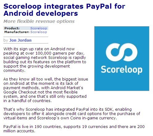 Scoreloop integrates PayPal
