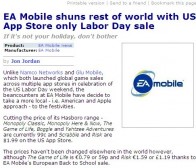 Pocket Gamer消息：EA手机游戏节日促销仅针对全美用户 